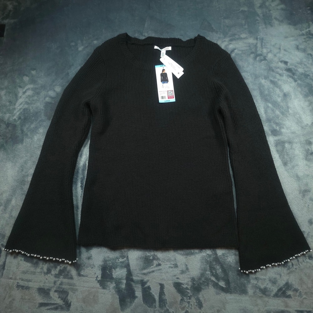Edited x Hunter McGrady Pearl Trim Ribbed Sweater Black Bell Sleeve Large NEW